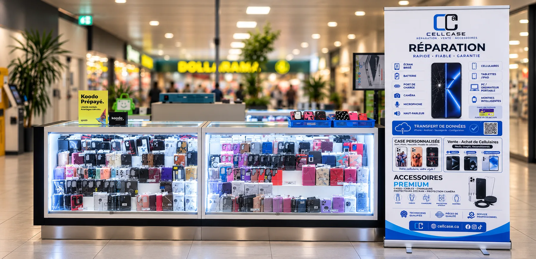 Kiosque CellCase : vitrine de coques et bannière de services